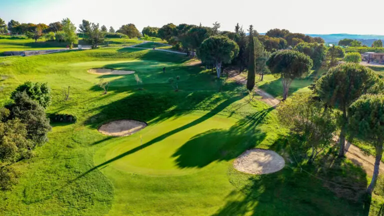 Green of the 7th hole on the 18-hole Puech course, aerial view